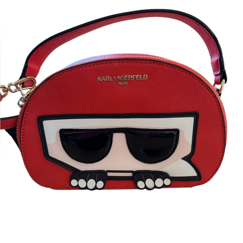 Karl Lagerfeld Orange Red Iconic Karl Face with Sunglasses Crossbody Bag